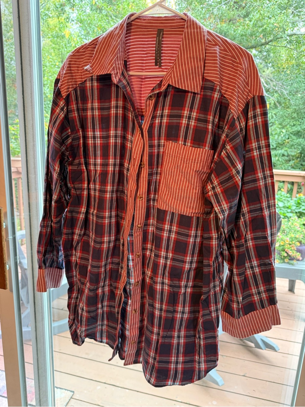Maeve Anthropology Pink Plaid Button-Up Shirt with Striped Contrast